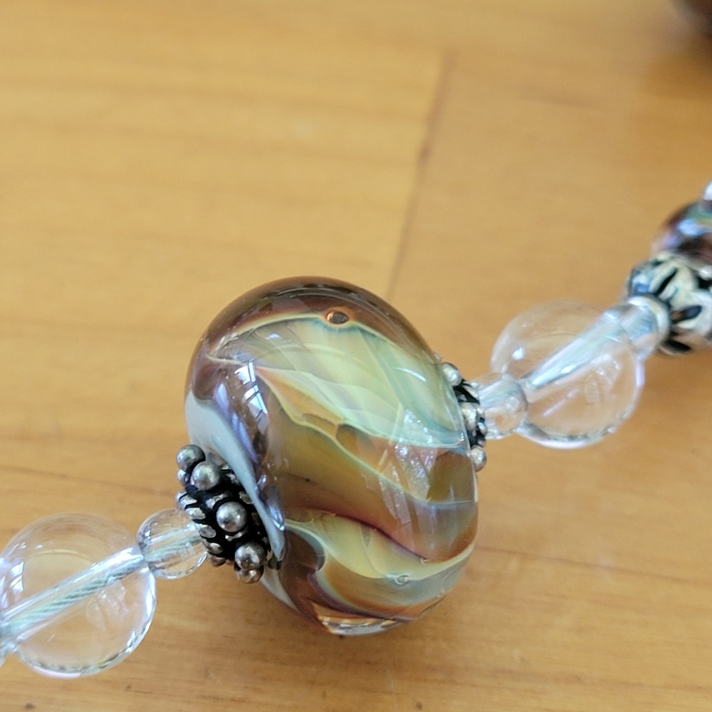 Vintage Artisan Lampwork Glass Bead Necklace Earth Tone Swirl 29in 125g